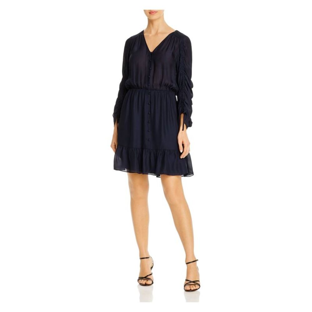 PARKER Womens Navy Ruffled Sleeve V Neck Short Wear To Work Fit + Flare Dress S - Picture 2 of 3